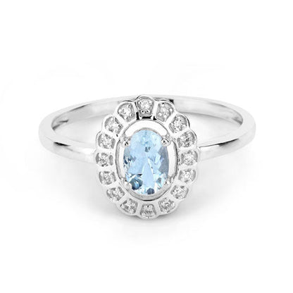 Anillo de oro blanco de 14 quilates con aguamarina auténtica de 0,44 quilates y diamantes blancos
