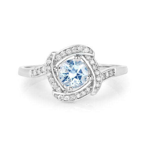 Anillo de oro blanco de 14K con aguamarina auténtica de 0,46 quilates y diamantes blancos