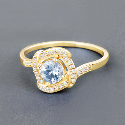 Anillo de oro amarillo de 14K con aguamarina auténtica de 0,46 quilates y diamantes blancos