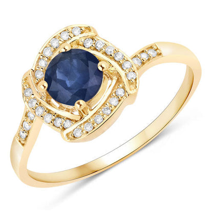 Anillo de oro amarillo de 14 quilates con zafiro azul auténtico de 0,73 quilates y diamante blanco
