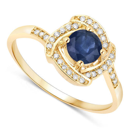 Anillo de oro amarillo de 14 quilates con zafiro azul auténtico de 0,73 quilates y diamante blanco