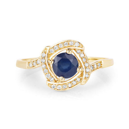 Anillo de oro amarillo de 14 quilates con zafiro azul auténtico de 0,73 quilates y diamante blanco
