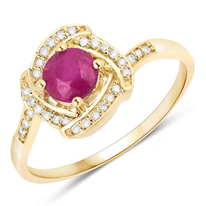 Anillo de oro amarillo de 14K con rubí genuino de 0,63 quilates y diamantes blancos