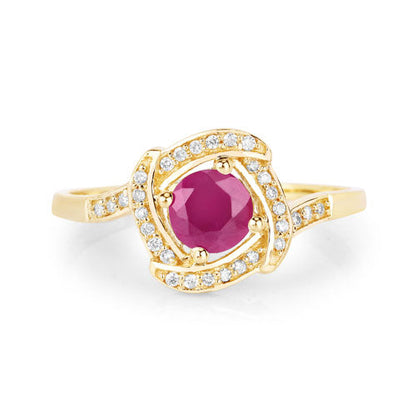 Anillo de oro amarillo de 14K con rubí genuino de 0,63 quilates y diamantes blancos