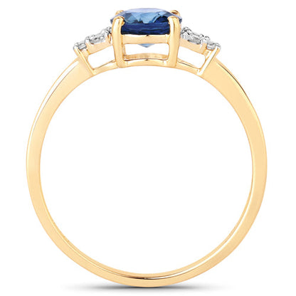 Anillo de oro amarillo de 14 quilates con zafiro azul genuino de 1,08 quilates y diamantes blancos