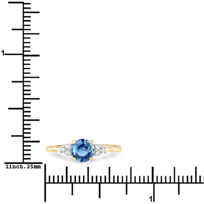 Anillo de oro amarillo de 14 quilates con zafiro azul genuino de 1,08 quilates y diamantes blancos