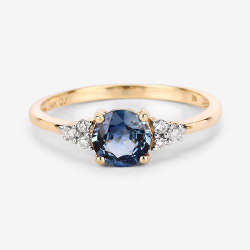 Anillo de oro amarillo de 14 quilates con zafiro azul genuino de 1,08 quilates y diamantes blancos