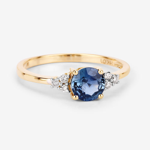 Anillo de oro amarillo de 14 quilates con zafiro azul genuino de 1,08 quilates y diamantes blancos