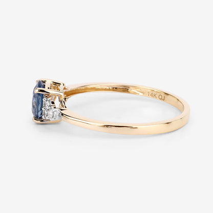 Anillo de oro amarillo de 14 quilates con zafiro azul genuino de 1,08 quilates y diamantes blancos
