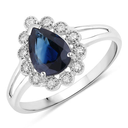 Anillo de oro blanco de 10 quilates con zafiro azul genuino de 1,46 quilates y diamantes blancos