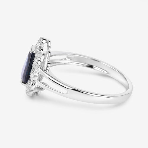 Anillo de oro blanco de 10 quilates con zafiro azul genuino de 1,46 quilates y diamantes blancos