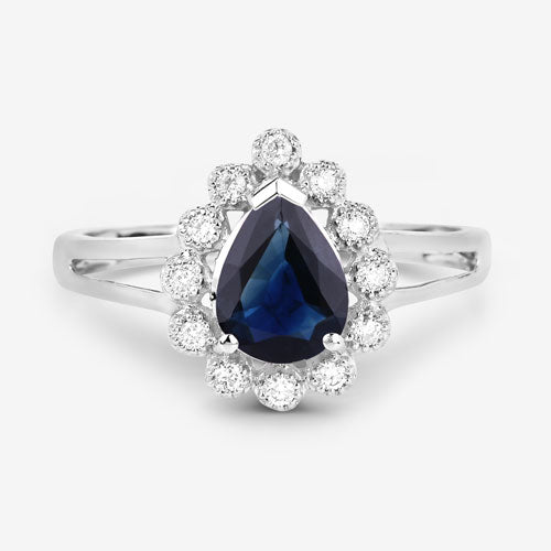 Anillo de oro blanco de 10 quilates con zafiro azul genuino de 1,46 quilates y diamantes blancos