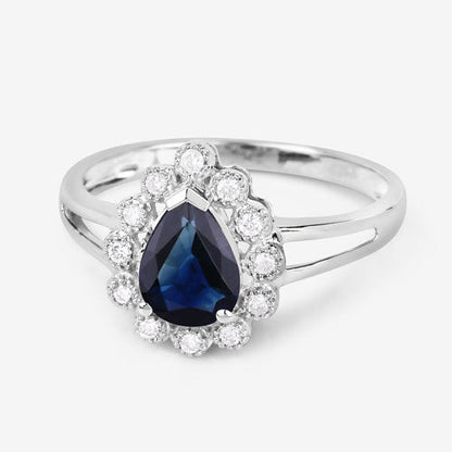 Anillo de oro blanco de 10 quilates con zafiro azul genuino de 1,46 quilates y diamantes blancos