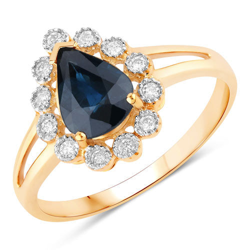 Anillo de oro amarillo de 10 quilates con zafiro azul genuino de 1.46 quilates y diamantes blancos
