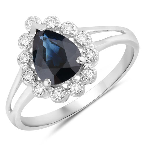Anillo de oro blanco de 14K con zafiro azul genuino de 1.46 quilates y diamantes blancos