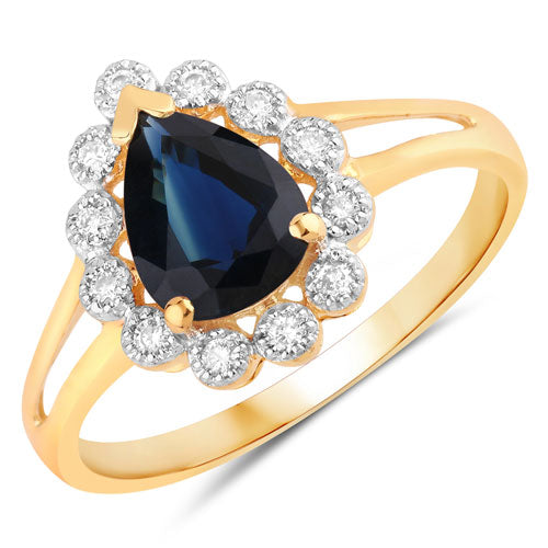 Anillo de oro amarillo de 14K con zafiro azul auténtico de 1.46 quilates y diamantes blancos