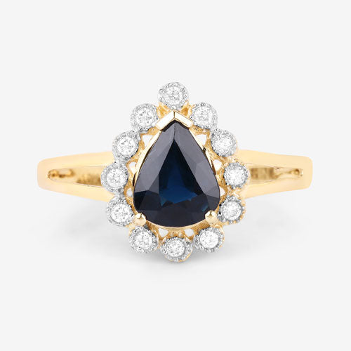 1.46 Carat Genuine Blue Sapphire and White Diamond 10K Yellow Gold Ring