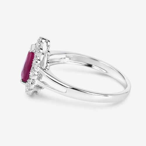 Anillo de oro blanco de 10K con rubí genuino de 1,31 quilates y diamantes blancos