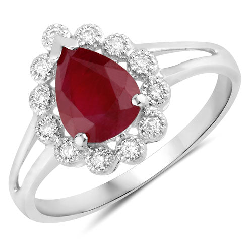 Anillo de oro blanco de 14K con rubí genuino de 1,31 quilates y diamantes blancos