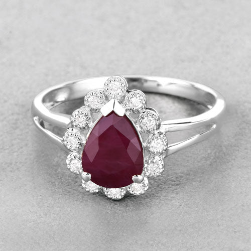 Anillo de oro blanco de 14K con rubí genuino de 1,31 quilates y diamantes blancos