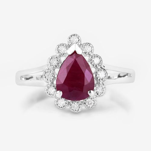 Anillo de oro blanco de 14K con rubí genuino de 1,31 quilates y diamantes blancos