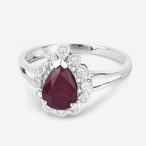 Anillo de oro blanco de 14K con rubí genuino de 1,31 quilates y diamantes blancos