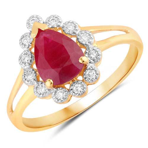 Anillo de oro amarillo de 14K con rubí auténtico de 1.31 quilates y diamantes blancos