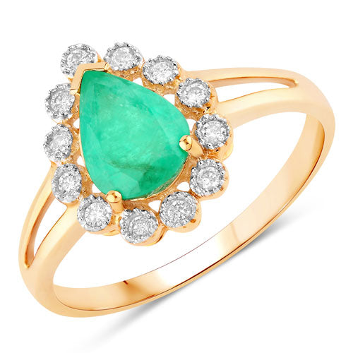 Anillo de oro amarillo de 10 quilates con auténtica esmeralda de Zambia de 1,22 quilates y diamantes blancos