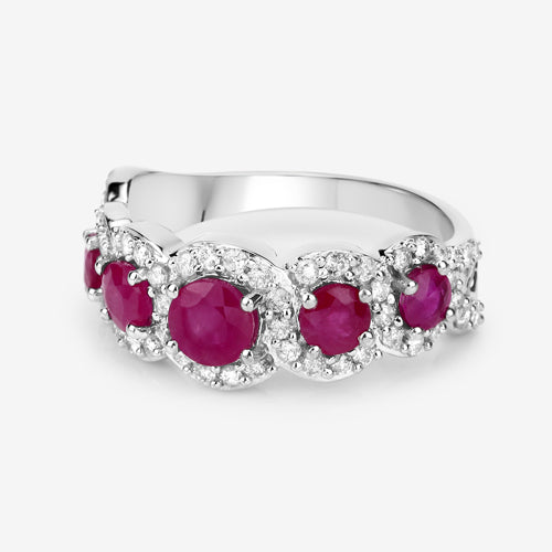 Anillo de oro blanco de 14K con rubí genuino de 1,99 quilates y diamantes blancos