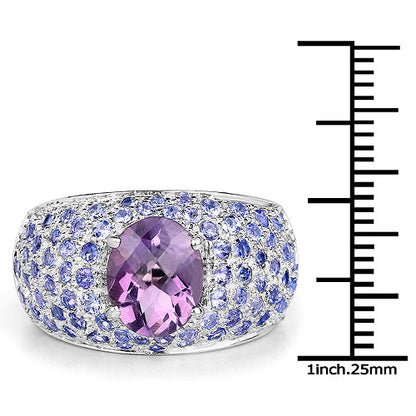 Anillo de plata de ley .925 con amatista genuina y tanzanita de 4.21 quilates