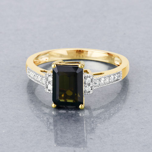 Anillo de oro amarillo de 14 quilates con turmalina verde genuina de 1,73 quilates y diamantes blancos