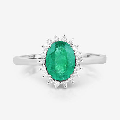 Anillo de oro blanco de 10Q con esmeralda zambiana auténtica de 1,34 quilates y diamantes blancos