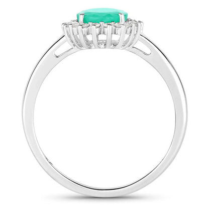 Anillo de oro blanco de 10Q con esmeralda zambiana auténtica de 1,34 quilates y diamantes blancos