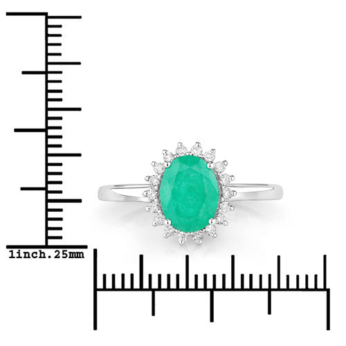 Anillo de oro blanco de 10Q con esmeralda zambiana auténtica de 1,34 quilates y diamantes blancos