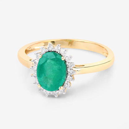 Anillo de oro amarillo de 10K con esmeralda zambiana auténtica de 1.34 quilates y diamante blanco