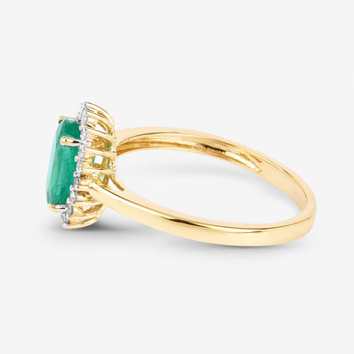 Anillo de oro amarillo de 10K con esmeralda zambiana auténtica de 1.34 quilates y diamante blanco