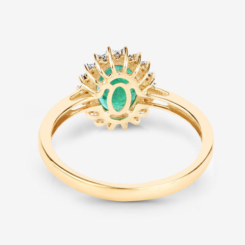 Anillo de oro amarillo de 10K con esmeralda zambiana auténtica de 1.34 quilates y diamante blanco