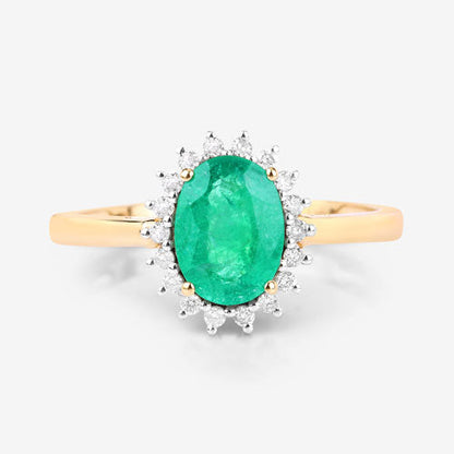 Anillo de oro amarillo de 10K con esmeralda zambiana auténtica de 1.34 quilates y diamante blanco