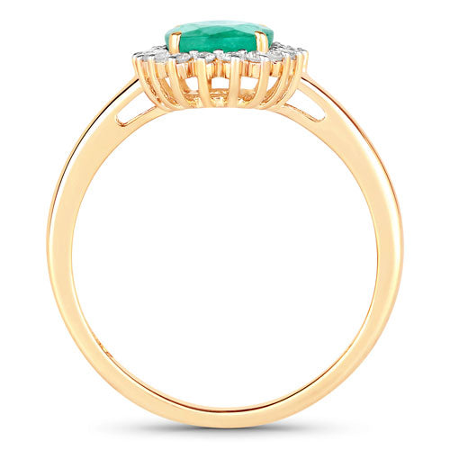Anillo de oro amarillo de 10K con esmeralda zambiana auténtica de 1.34 quilates y diamante blanco