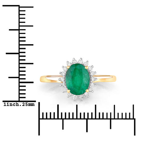 Anillo de oro amarillo de 14 quilates con esmeralda zambiana auténtica de 1,34 quilates y diamantes blancos