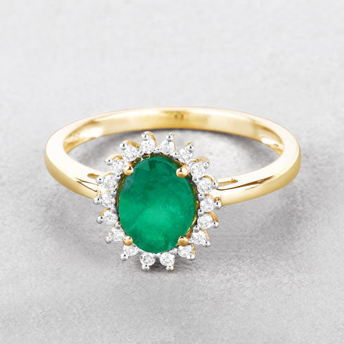 Anillo de oro amarillo de 14 quilates con esmeralda zambiana auténtica de 1,34 quilates y diamantes blancos