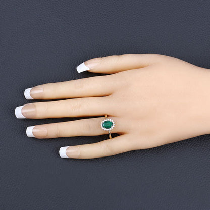 Anillo de oro amarillo de 14 quilates con esmeralda zambiana auténtica de 1,34 quilates y diamantes blancos