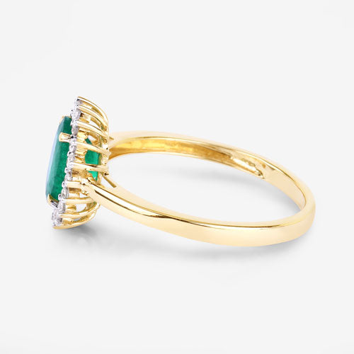 Anillo de oro amarillo de 14 quilates con esmeralda zambiana auténtica de 1,34 quilates y diamantes blancos