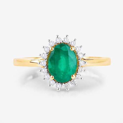 Anillo de oro amarillo de 14 quilates con esmeralda zambiana auténtica de 1,34 quilates y diamantes blancos