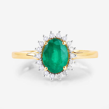 Anillo de oro amarillo de 14 quilates con esmeralda zambiana auténtica de 1,34 quilates y diamantes blancos