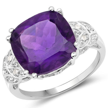 Anillo de plata de ley .925 con amatista auténtica de 5,87 quilates y diamantes blancos