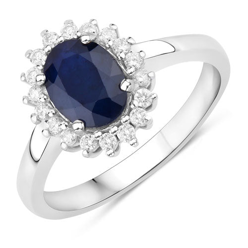 Anillo de zafiro azul genuino de 1.73 quilates y diamantes blancos en oro blanco de 14 quilates