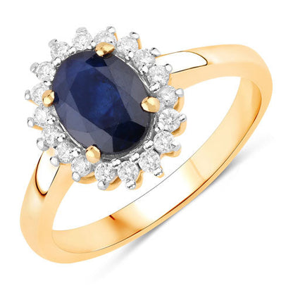 Anillo de oro amarillo de 14K con zafiro azul genuino de 1.73 quilates y diamantes blancos