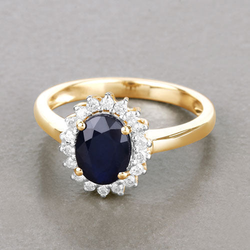 Anillo de oro amarillo de 14K con zafiro azul genuino de 1.73 quilates y diamantes blancos