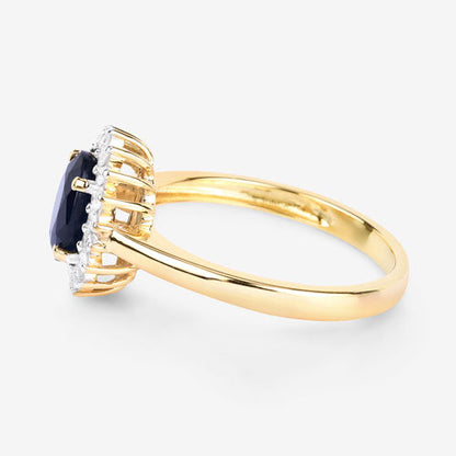 Anillo de oro amarillo de 14K con zafiro azul genuino de 1.73 quilates y diamantes blancos